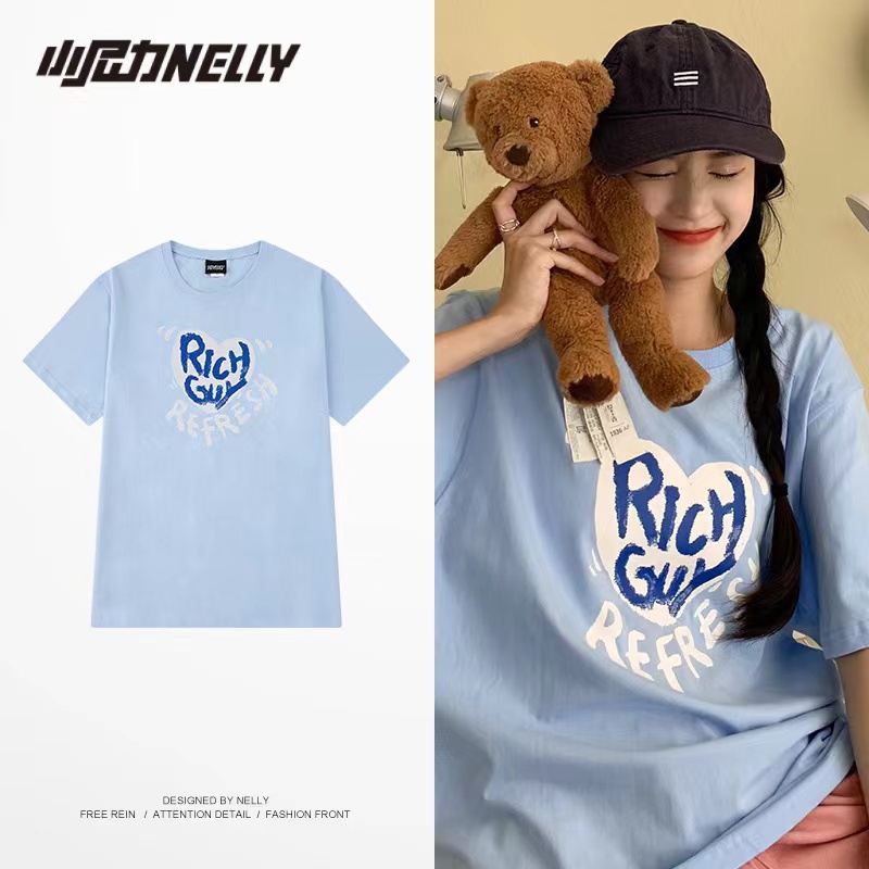 NELLY Áo Thun Cotton Tay Ngắn Dáng Rộng Thời Trang Unisex Cho Nam Nữ Cặp Đôi 8797