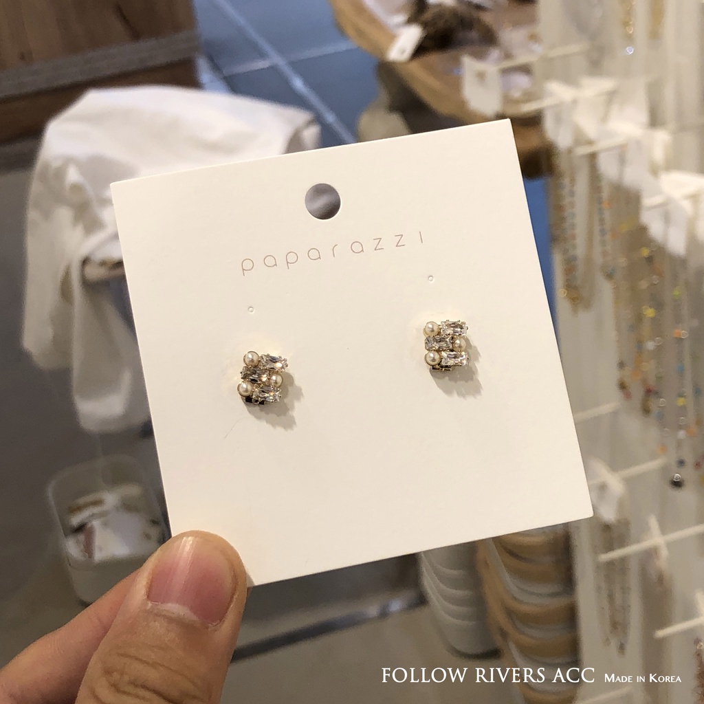 Hàn Quốc Dongdaemun I Khuyên Tai Đính Ngọc Trai Hình Vuông Nhỏ Tinh Tế Lấp Lánh