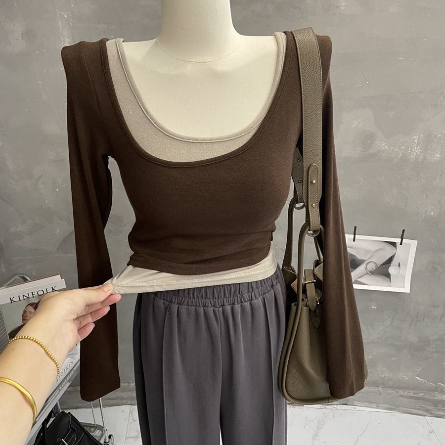 Bán Chạy!Áo Thun Tay Dài Giả Hai Lớp Màu Sắc Thời Trang Thu Đông 202 Dành Cho Nữ