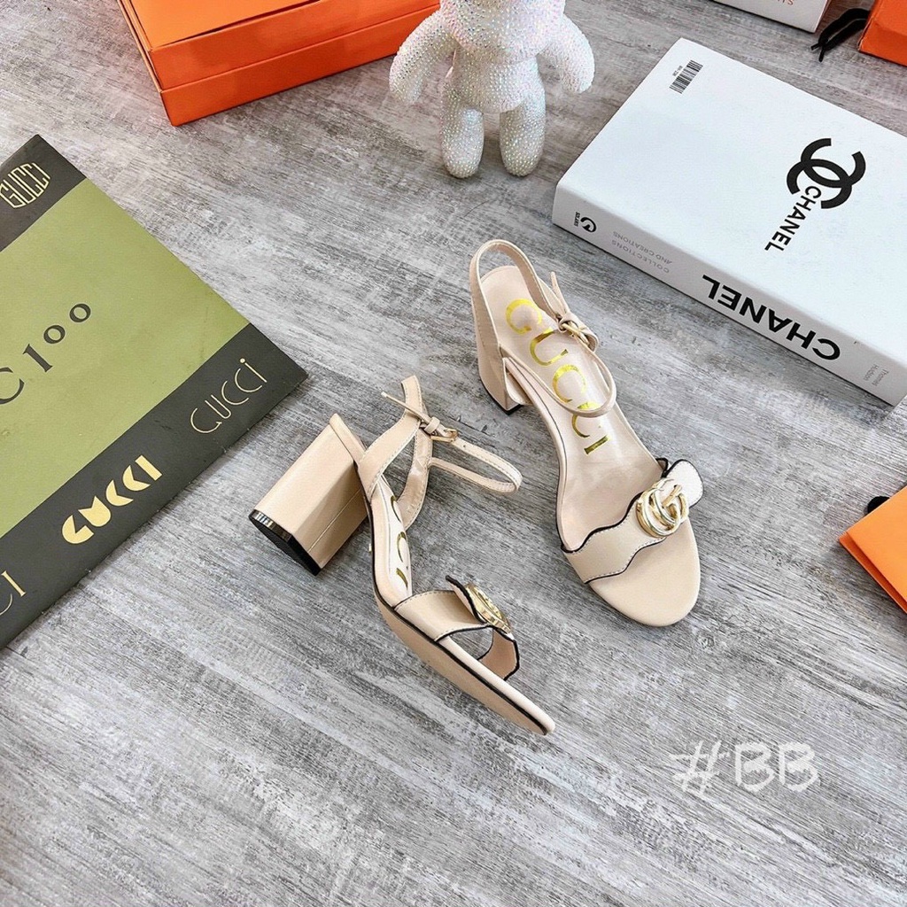 Sandal nữ quai ngang viền đen lượn sóng tag GG gót trụ Nguyên hộp hãng cao cấp
