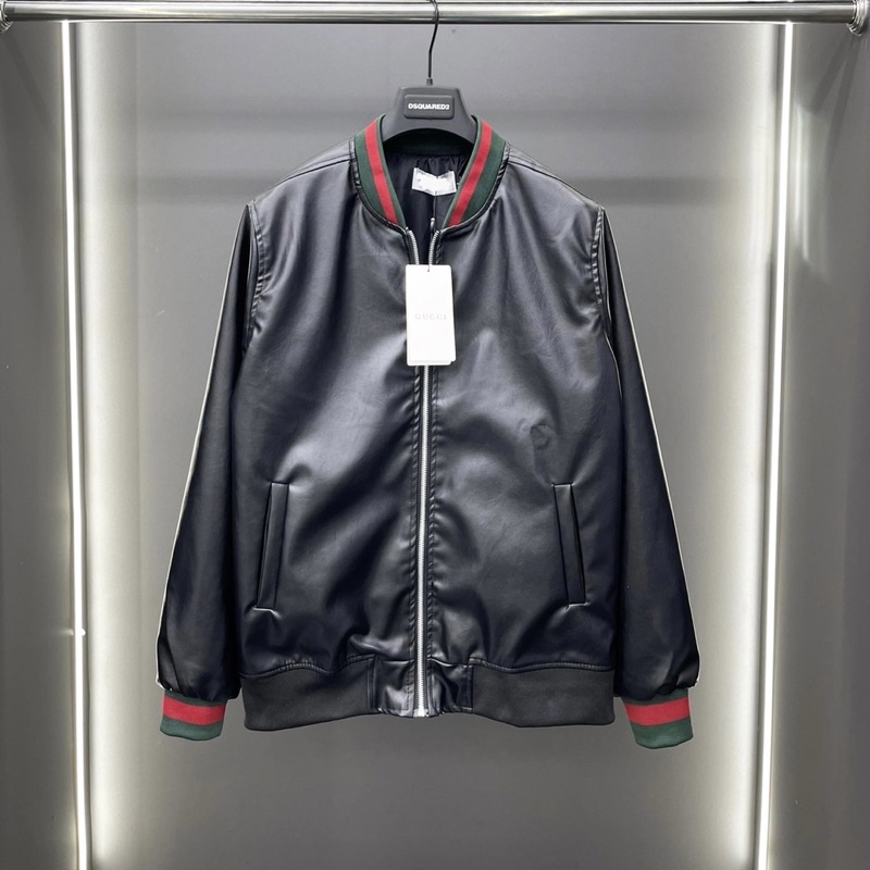 Áo khoác da bomber jacket GC nam nữ trơn bóng phối bo chun sọc xanh đỏ khoá zip kéo kiểu dáng basic
