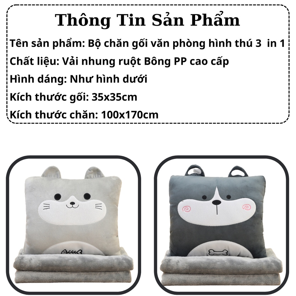 Bộ gối chăn tựa lưng văn phòng hình thú dễ thương BINNIECUTE cao cấp