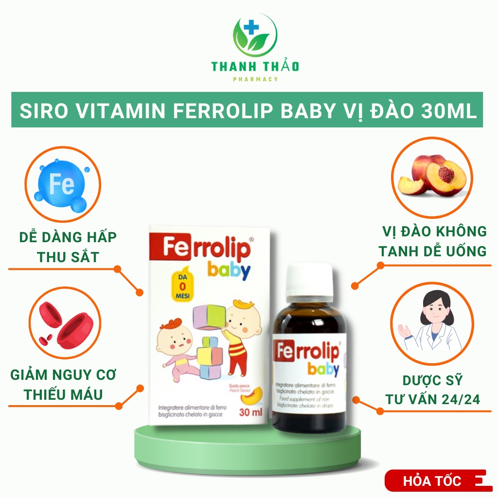 Siro vitamin Ferrolip Baby 30ml vị đào thơm ngon, bổ sung sắt cho bé - Thanh Thảo Pharmacy