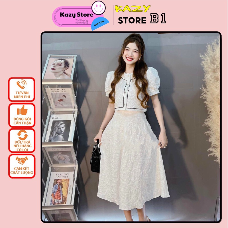Set váy nữ đi biển trắng viền đen, Bộ váy công sở dự tiệc Xốp Hoa QC KAZY STORE B001