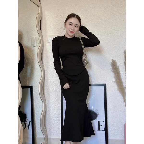 SET ÁO LEN GÂN SỌC KÈM VÁY ĐUÔI CÁ