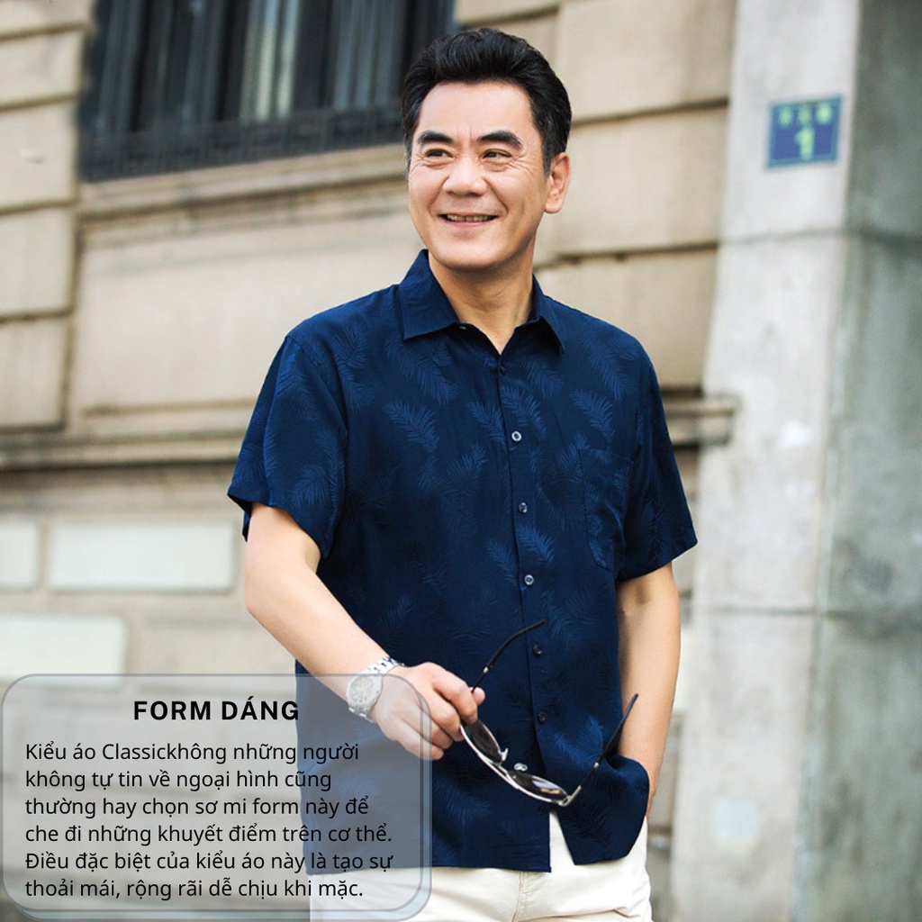 Áo sơ mi nam trung niên tay ngắn họa tiết vải lụa mềm mịn co giãn không nhăn form rộng có túi ALUA15