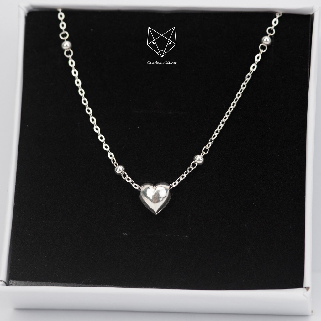 Dây Chuyền Bạc Ta Cao Cấp CaoBac Silver Tim Phồng Trơn Cạnh Bi Đơn Giản Nhẹ Nhàng, Thanh Lịch Dành Tặng Cho Bạn Gái