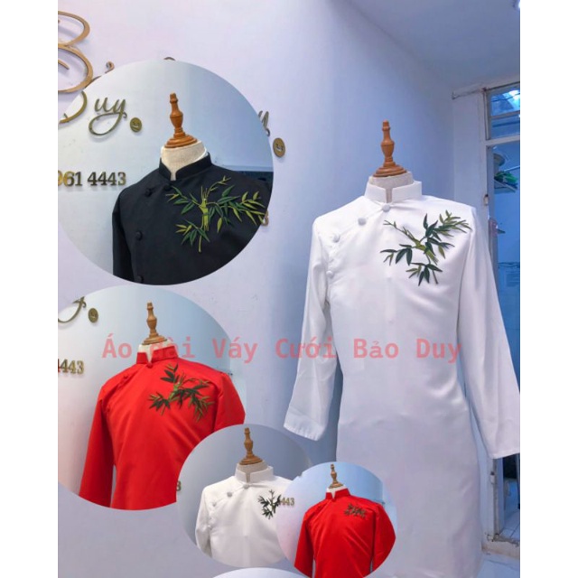 Áo dài nam thêu hình lá tre Việt sinh động