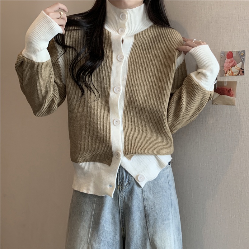 Áo Khoác Cardigan Dệt Kim Dáng Rộng Cổ Cao Màu Sắc Tương Phản Phong Cách Hàn Quốc