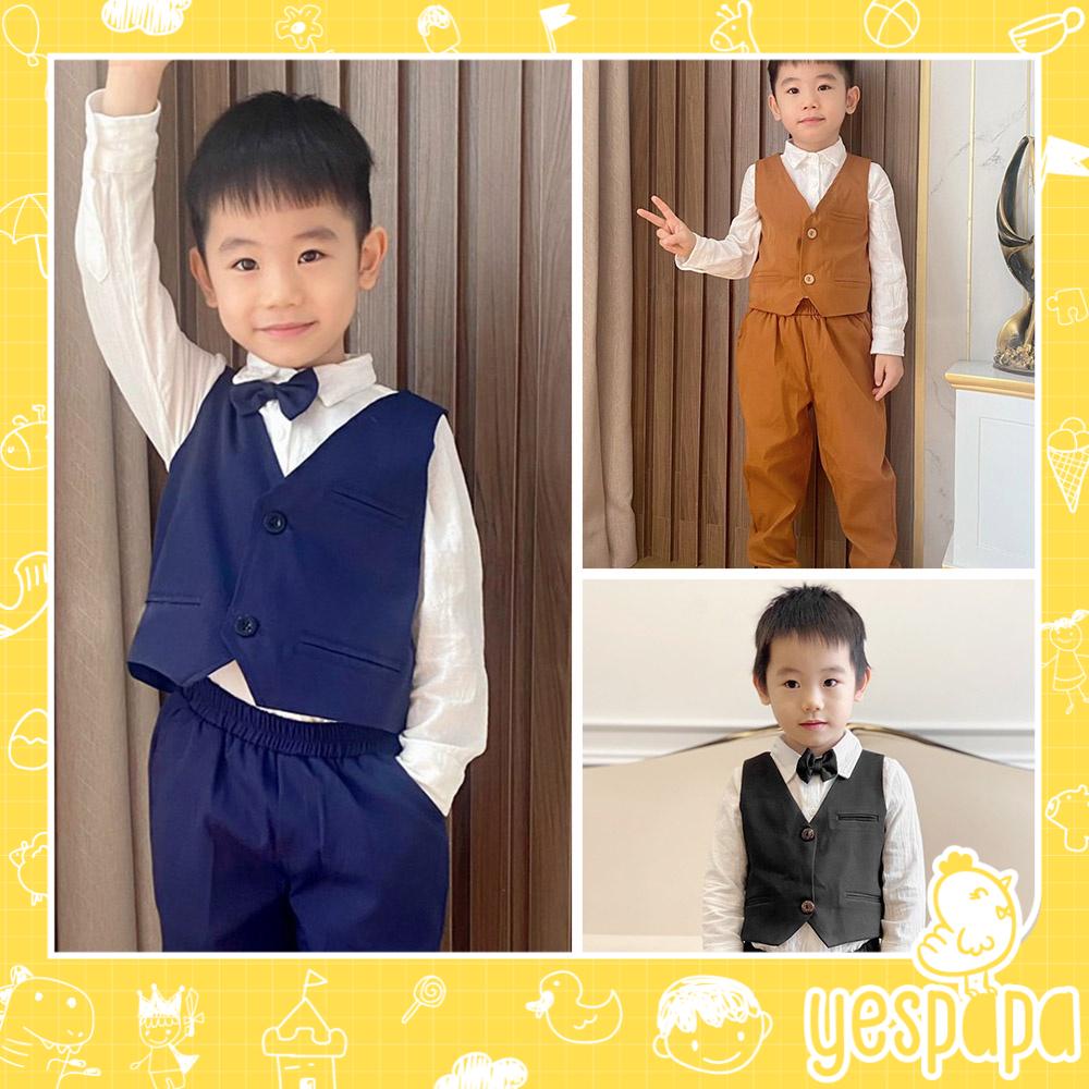 Set vest 4 chi tiết Gile cho bé trai màu đen trắng thô kết hợp kaki Yespapa