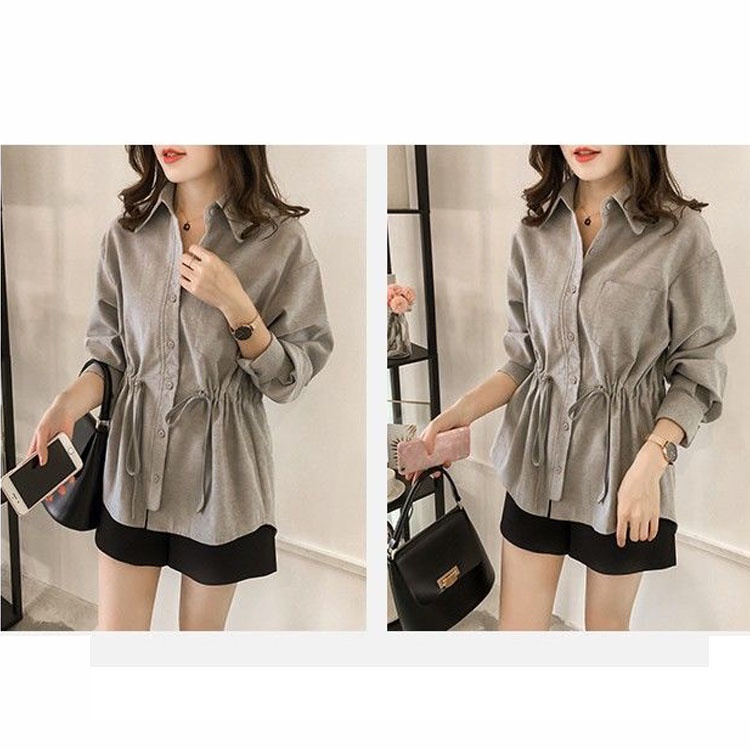 Áo Sơ Mi Dài Tay Dáng Rộng Có Dây Rút Eo Phong Cách Tiểu Thư Trẻ Trung