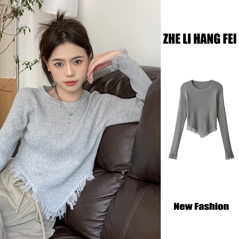 Áo ZHELIHANGFEI dệt kim tay dài dáng ngắn phối tua rua thiết kế lệch tà cá tính cho nữ