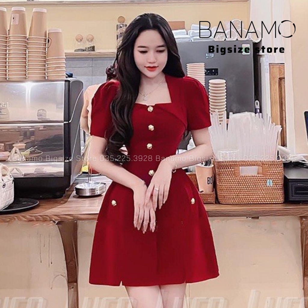Đầm nhung nữ BIGSIZE váy nhung cổ vuông tay bồng đính cúc đồng 557