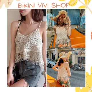 Bikini len đi biển, áo ren quảng châu tua rua