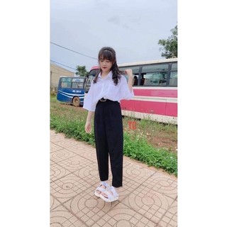 ￼Áo Sơ Mi Nơ Cổ Đen Chất Tơ Óng Tay Phồng Bánh Bèo, Áo Pha Tay Sơ Mi