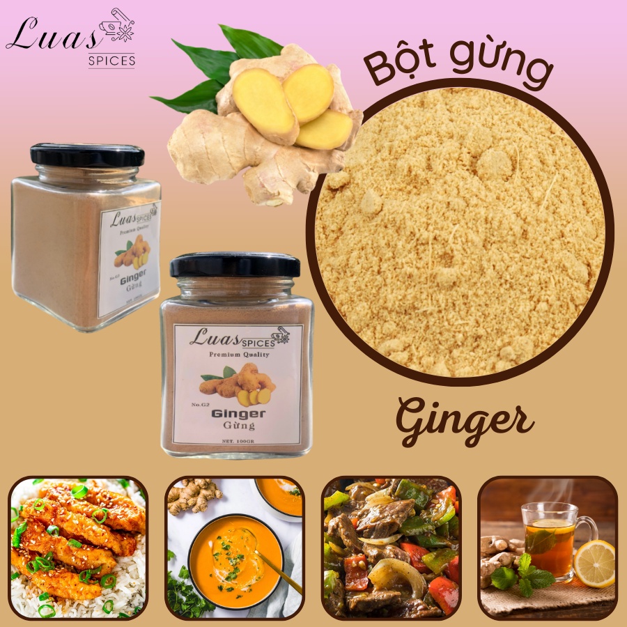 Bột gừng nguyên chất - Ginger Powder - Lọ thủy tinh 200ml - Gia vị hữu cơ Á Âu