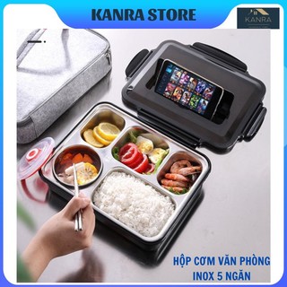 HỘP CƠM VĂN PHÒNG INOX Lunch Box 5 Ngăn 💥FREESHIP💥 KHAY CƠM 5 NGĂN Có BÁT CANH,có nắp đậy chống tràn tặng kèm đũa, thìa