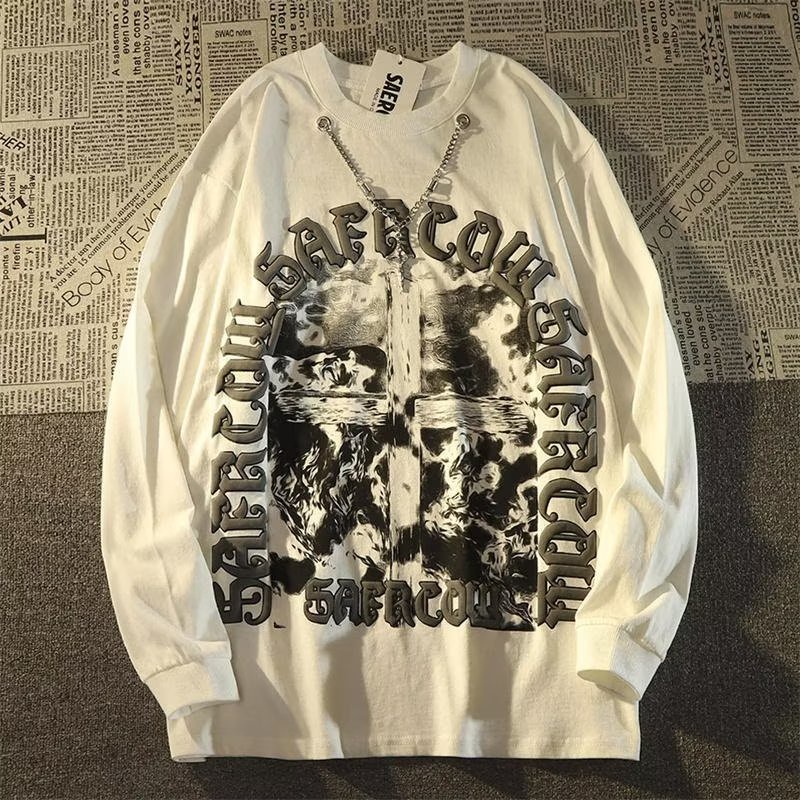 Áo Thun Tay Dài Dáng Rộng In Chữ Thập Phong Cách Âu Mỹ Thời Trang Cho Nam