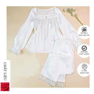 Đồ bộ mặc nhà tay dài lụa lantin ,pijama cổ vuông phối ren tiểu thư