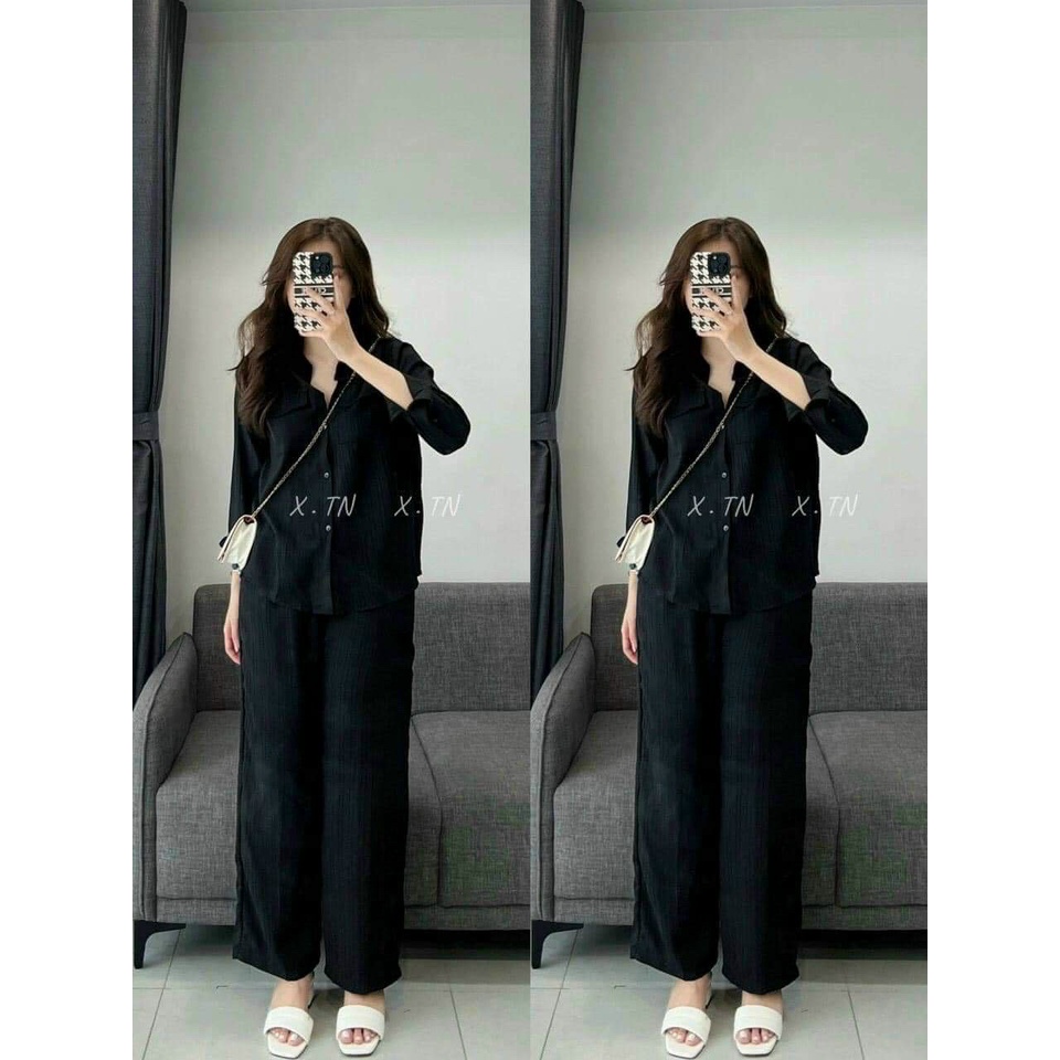 Set sơ mi nữ dài tay phối quần suông dài chất vải đũi gân mát mẻ, thoải mái dành cho các nàng đi chơi, đi học siêu xinh