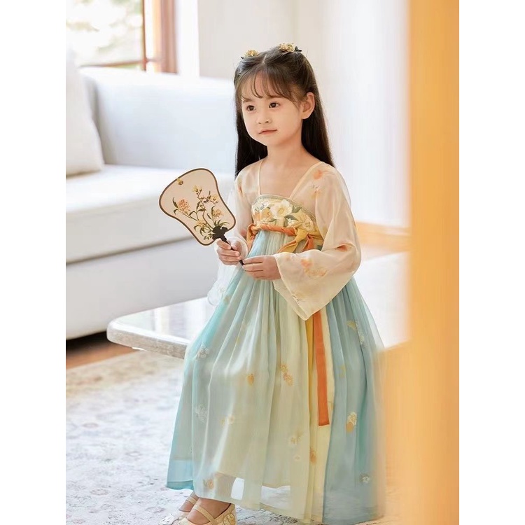 Đầm Hán Phục Màu Xanh Lá / Cam Thêu Họa Tiết Phong Cách Trung Hoa Cổ Điển Xinh Xắn Cho Bé Gái