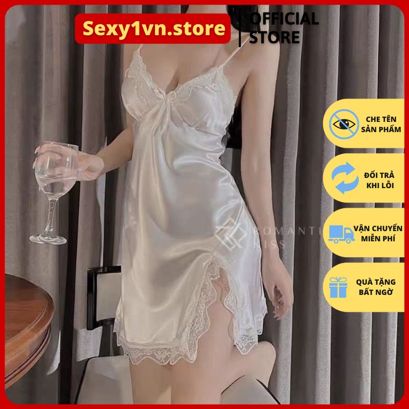 Đầm ngủ, váy ngủ tiểu thư lụa cao cấp hai dây xẻ tà sexy đen trắng