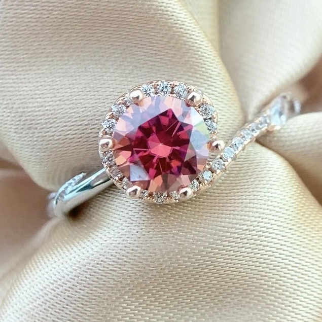 Kim Cương Nhân Tạo Moissanite Nhẫn S925 bạc nguyên chất (6.5mm) 1 carat đá Mosan đỏ có thể vượt qua bút kim cương có giấy chứng nhận kiểm định nhẫn