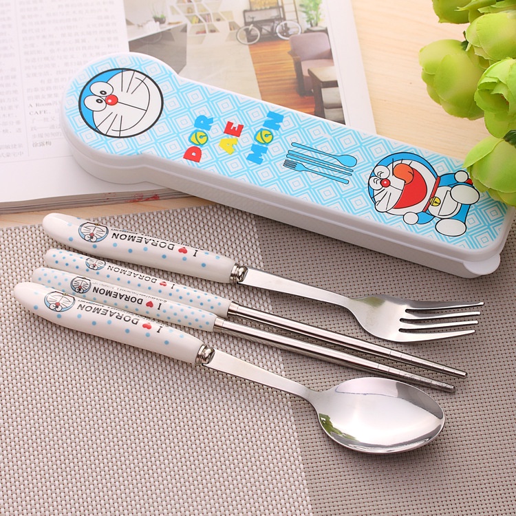 Bộ Đũa Thìa Dĩa Inox Cán Sứ Cách Nhiệt Hello Kitty Doraemon, Bộ Đũa Thìa Văn Phòng