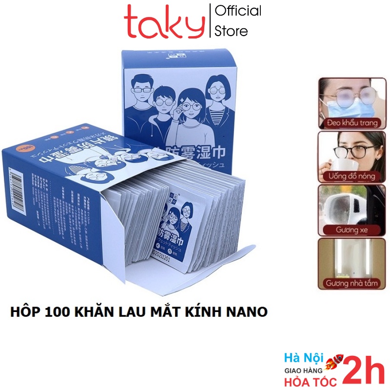 Hộp 100 Gói Khăn Ướt - Taky, Lau Kính Chống Bám Bụi Bẩn, Vân Tay Trên Kính Mắt, Sử Dụng Nhanh Chóng,Tiện Lợi - 7227