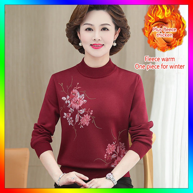 Áo Sweater Lót Lông Cừu Dày Dặn Giữ Ấm Mùa Thu Đông Cho Phụ Nữ Trung Niên