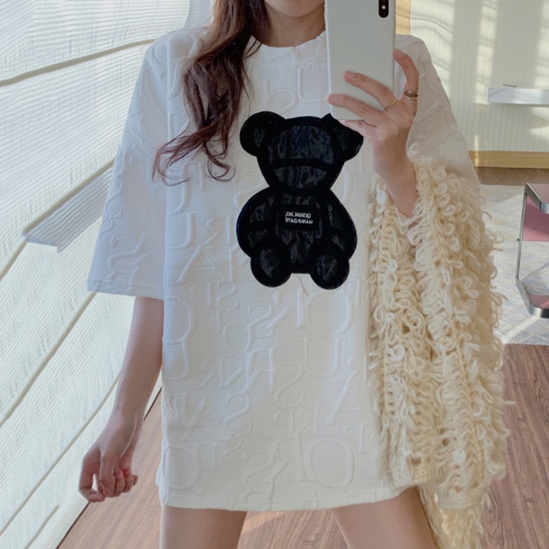 Áo Thun Tay Ngắn Cổ Tròn Thêu Hình Gấu Dễ Phối Đồ Thời Trang Cho Nữ