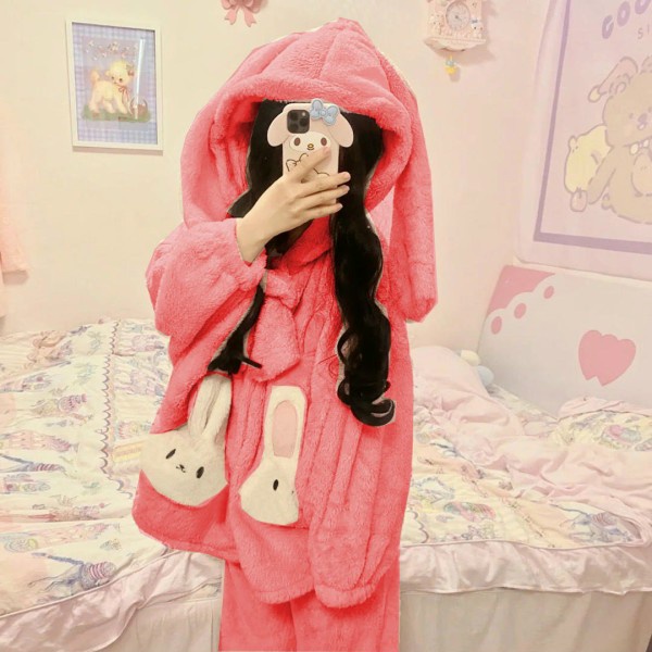 Bộ Ngủ NỮ hồng lông Tai Thỏ Túi Trắng Lông cừu dày mịn,giữ nhiệt tốtbộ thu đông mặc nhà