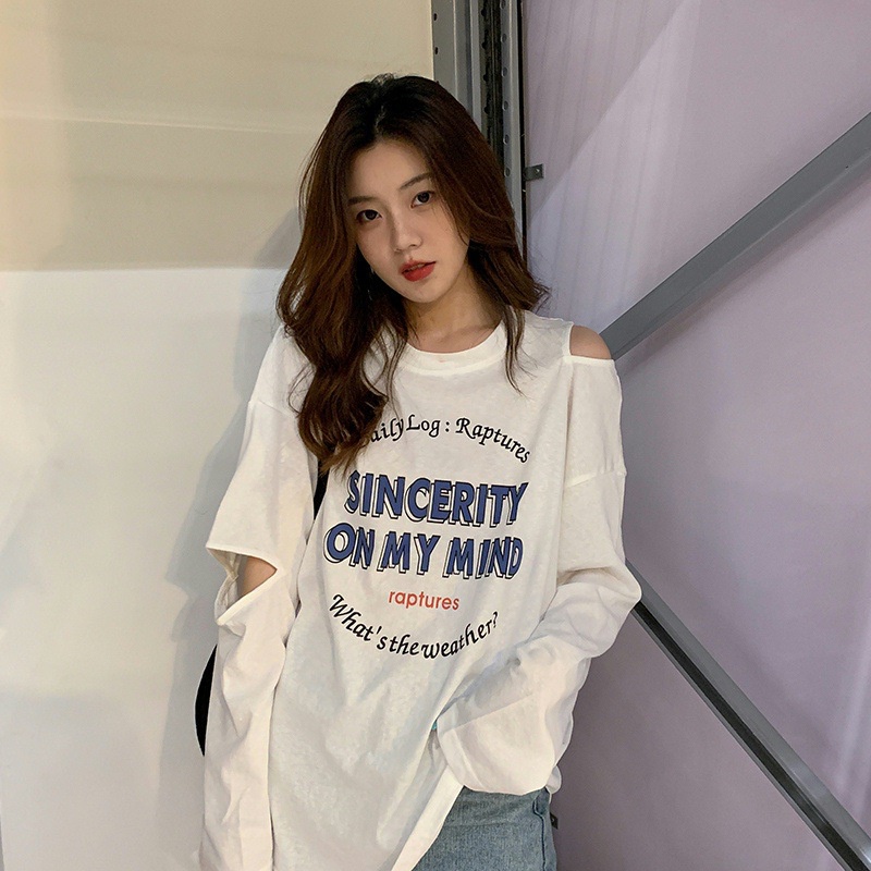 IELGY Áo Thun Nữ Dài Tay In Chữ Khoét Lỗ Thời Trang