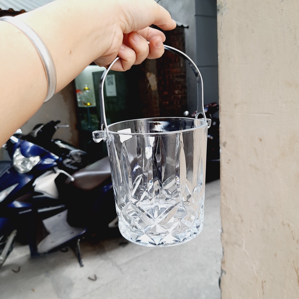 Xô đựng đá bằng thủy tinh có kèm kẹp inox, dung tích xô 900ml