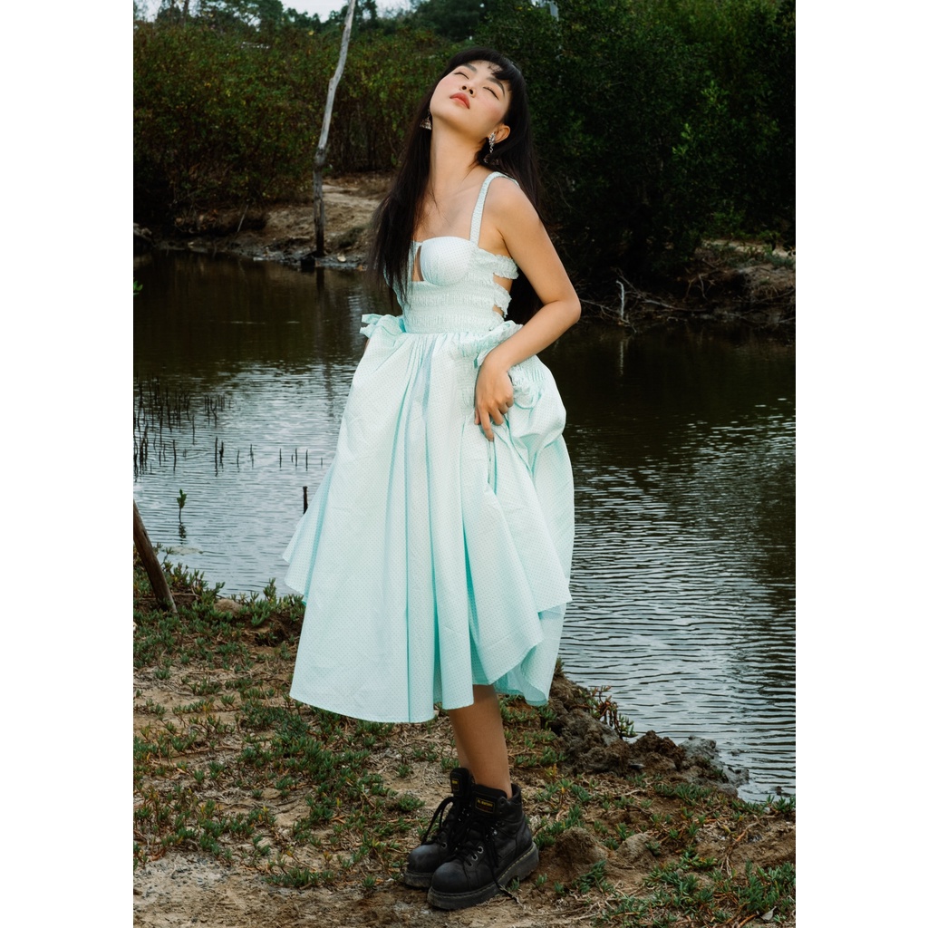 Đầm midi hai dây cut out ngực The Country Belle Dress xanh mint