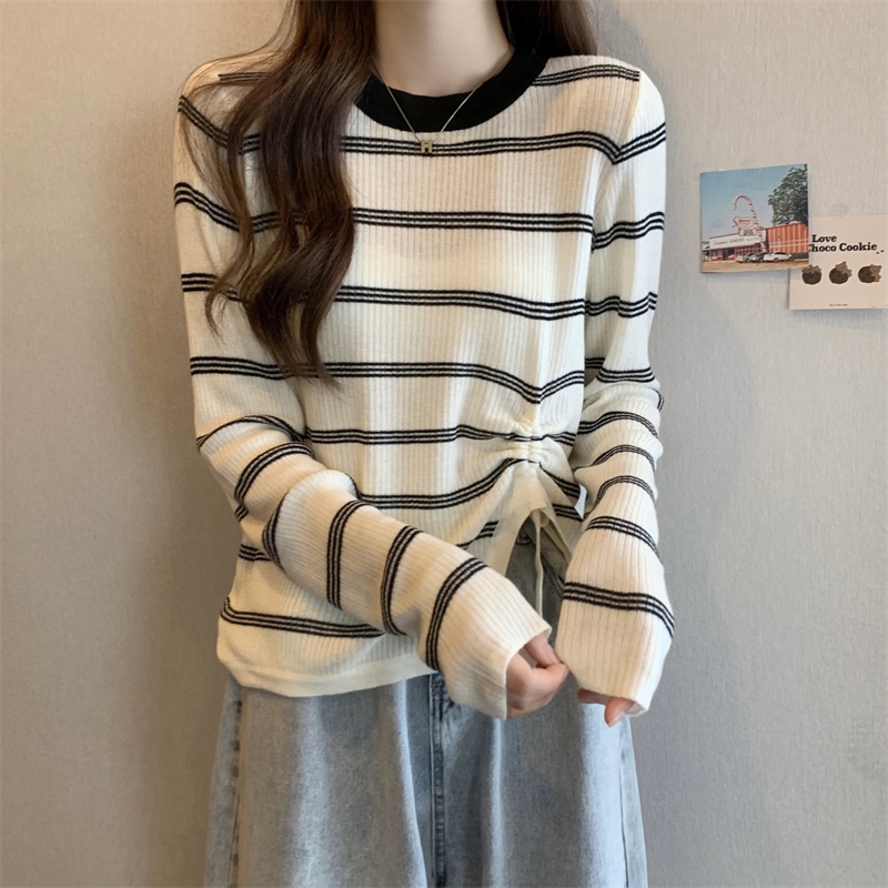 ZHELIHANGFEI Áo Sweater Tay Dài Kẻ Sọc Phối Dây Rút Cá Tính Thời Trang