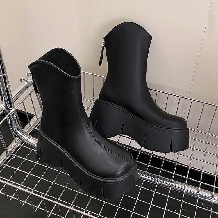 Giày Bốt Cao Gót Cổ Ngắn Màu Trơn Có Khóa Kéo Sau Lưng 24H