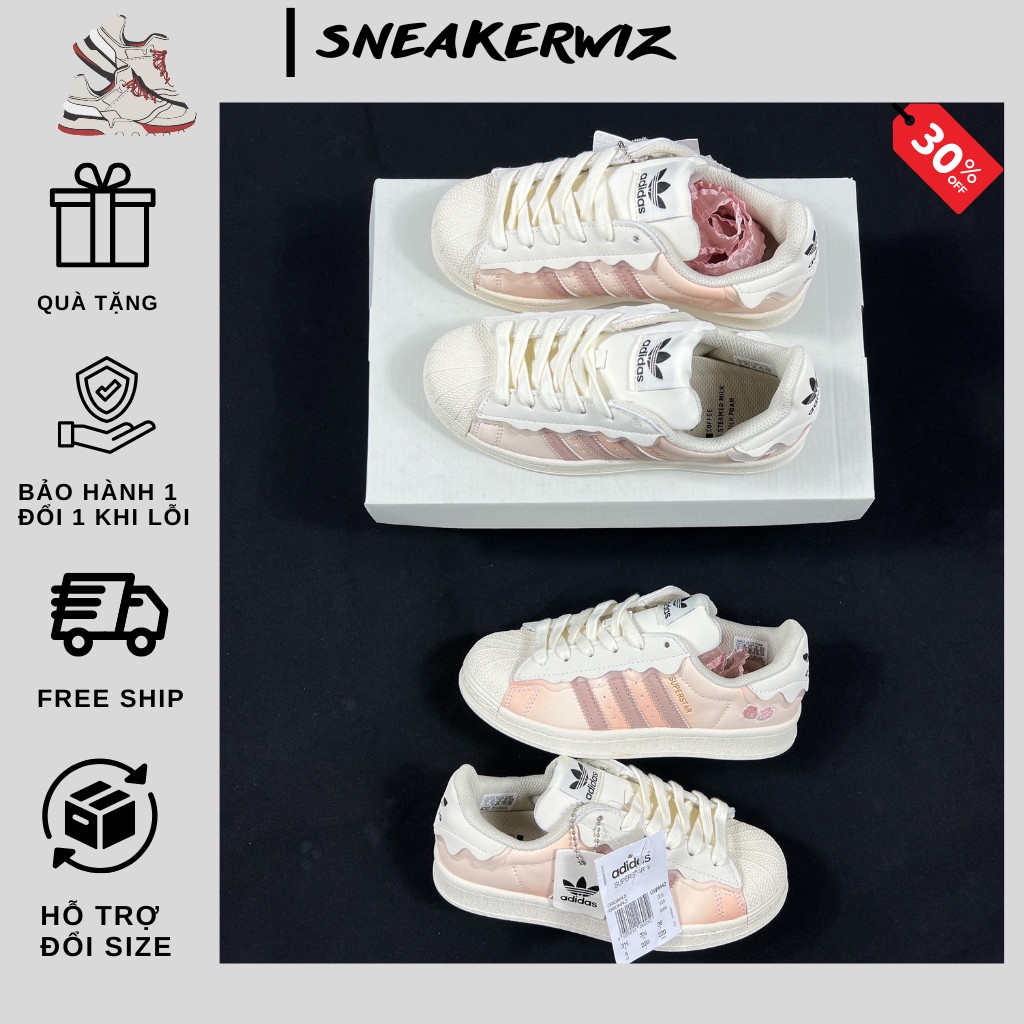 Giày Adidas Superstar, Das Sò, Sneaker nữ Màu Hồng Kem 1.1 2022 bản Quảng Châu cao cấp+ Dây Phụ