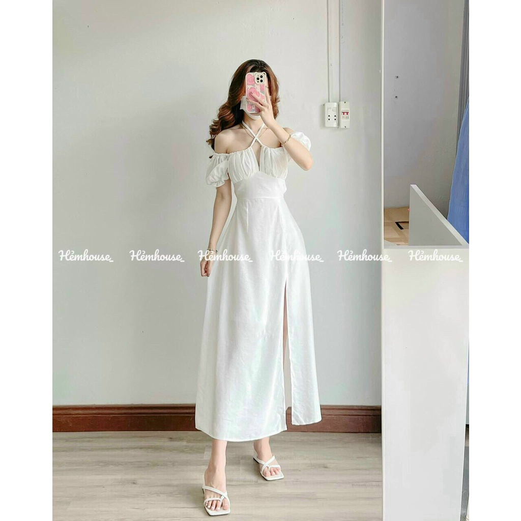 (Sale FreeShip) Đầm trễ vai dáng dài,đầm trắng tay phồng nhún ngực có dây cột nơ xé tà sang chảnh,chất đẹp
