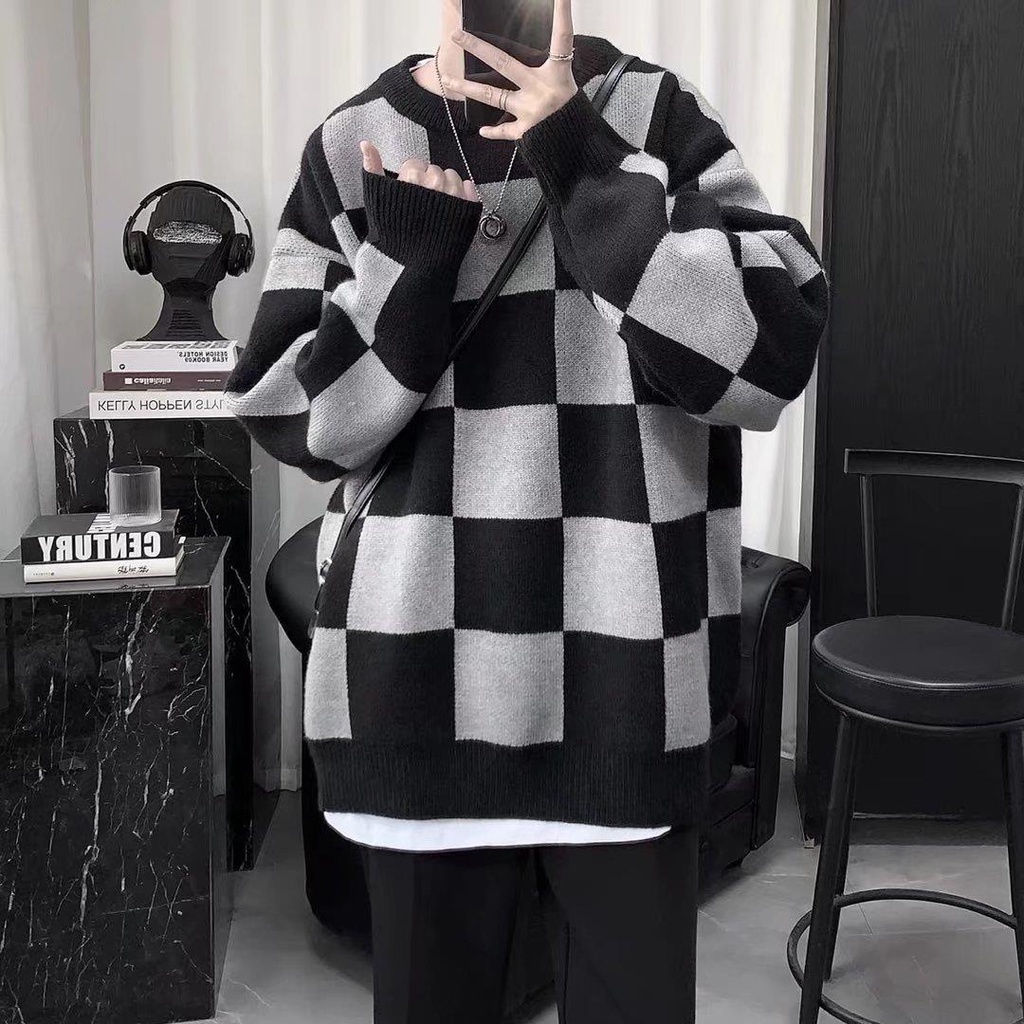Áo Len Nam Dài Tay Cổ Tròn Màu Đen Họa Tiết Caro Thời Trang