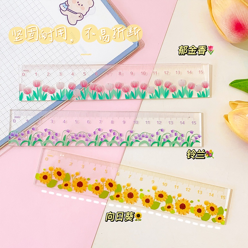 Thước Đo 15cm Bằng Acrylic Họa Tiết Hoa Dễ Thương Phong Cách Hàn Quốc