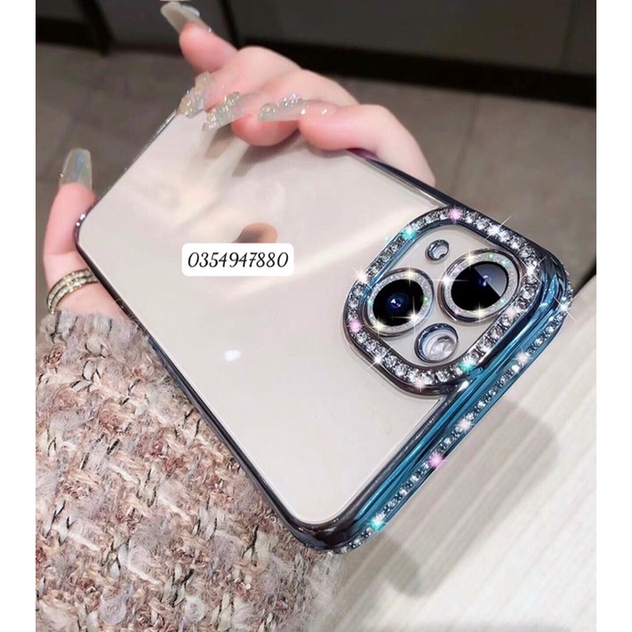 Ốp lưng Meruyi viền màu đính đá camera gắn nhũ cho iPhone 14 Pro Max, 14 Pro, 14 Plus, 13 Pro max lưng trong suốt