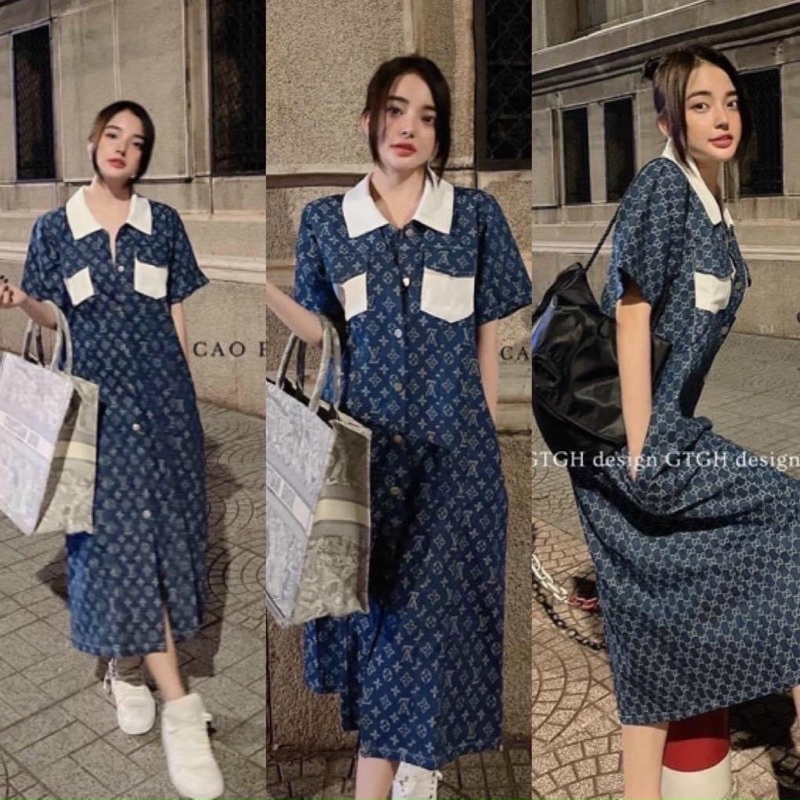 Đầm Jean Dáng Suông Phối Màu Cổ Siêu Xinh