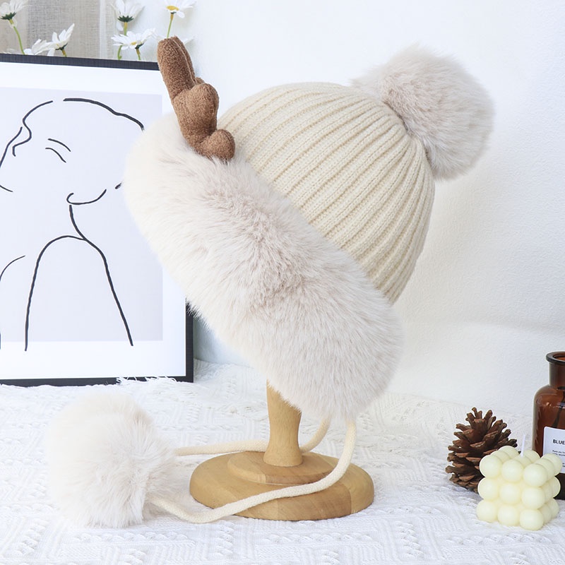Mũ Len Giáng Sinh Dày Dặn Giữ Ấm Tai Hình Sừng Hươu Dễ Thương Cho Nữ