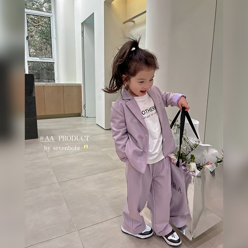 Áo Khoác Vest + Quần Dài Dáng Suông Màu Tím Phong Cách Hàn Quốc Thời Trang Mùa Xuân 2022 Mới Cho Bé