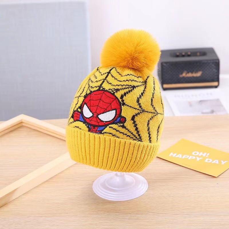 Mũ Len Beanie Đính Bóng Lông Thêu Hình Người Nhện Disney Thời Trang Thu Đông Cho Bé Trai Và Gái