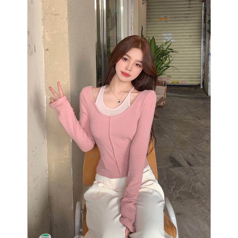Áo Thun Nữ Dài Tay Giả Hai Lớp Thời Trang Hàn Quốc Mới