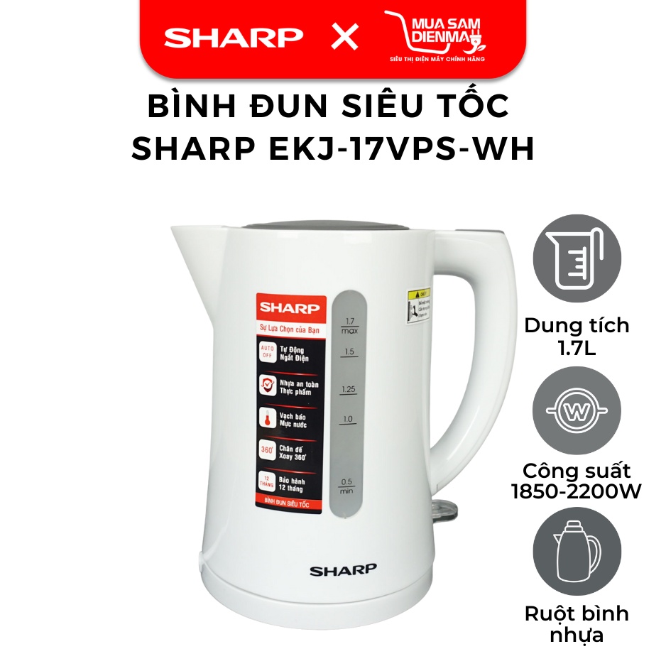 Ấm siêu tốc 1.7 lít Sharp EKJ-17VPS-WH, hàng chính hãng, bảo hành 12 tháng