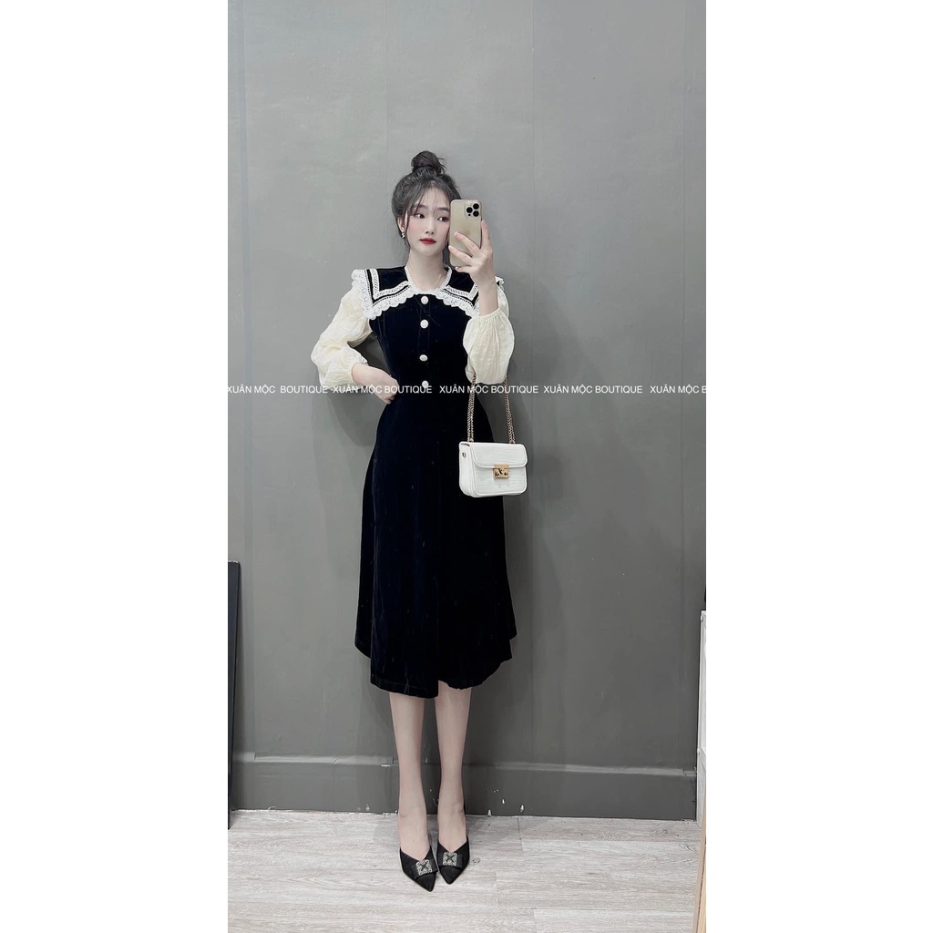 [Ảnh Thật/ Video]: Váy Nhung Thiết Kế Phối Cổ Viền Cực Xinh