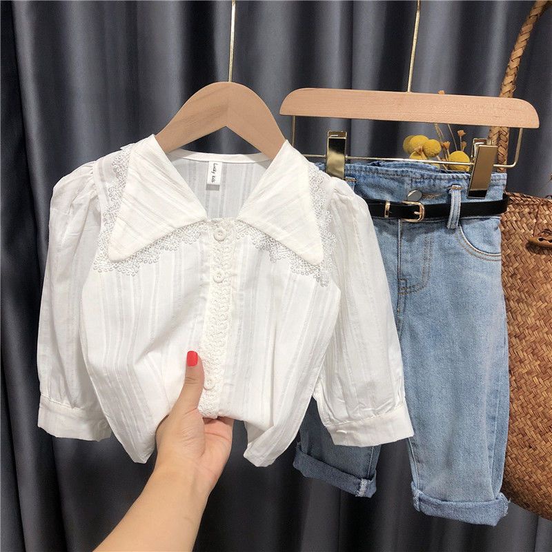 Bộ Áo Sơ Mi Dài Tay + Quần Jeans Thời Trang Mùa Thu Mới Cho Bé Gái